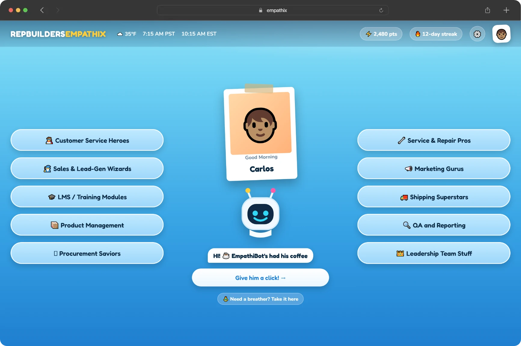 Empathix employee hub, the home screen every sales rep starts the day on