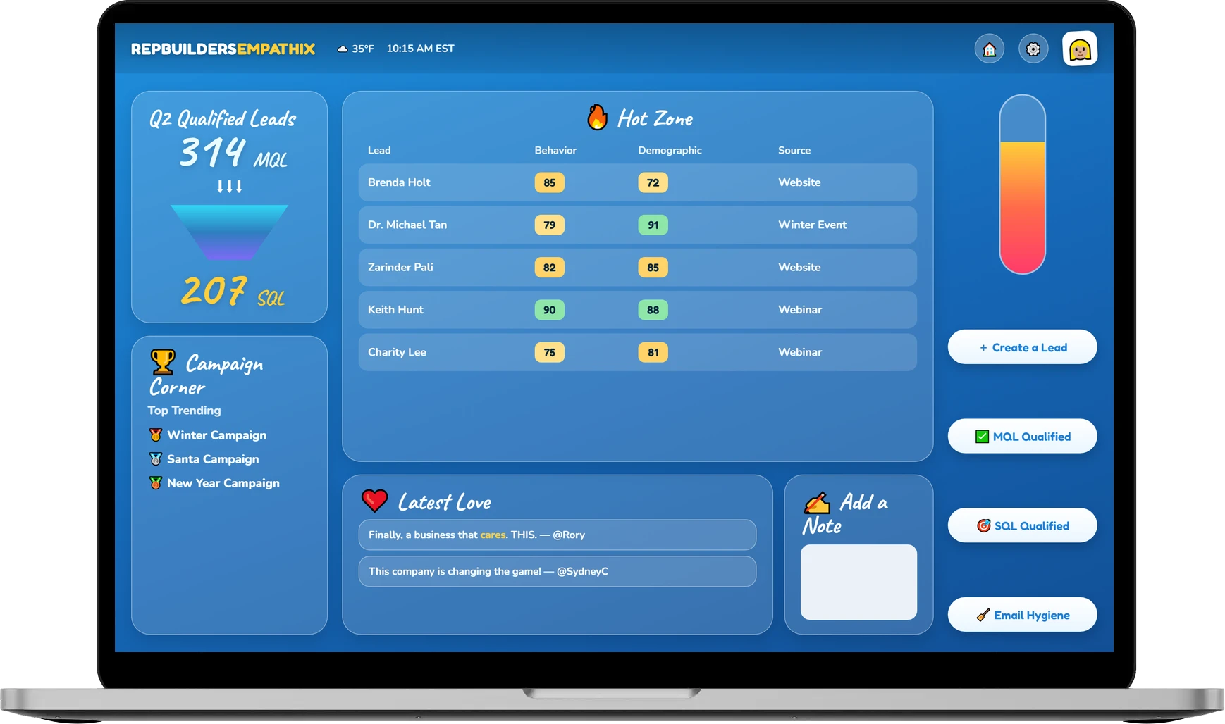 Empathix lead scoring screen on a laptop, with leads ranked by behavior and demographic score