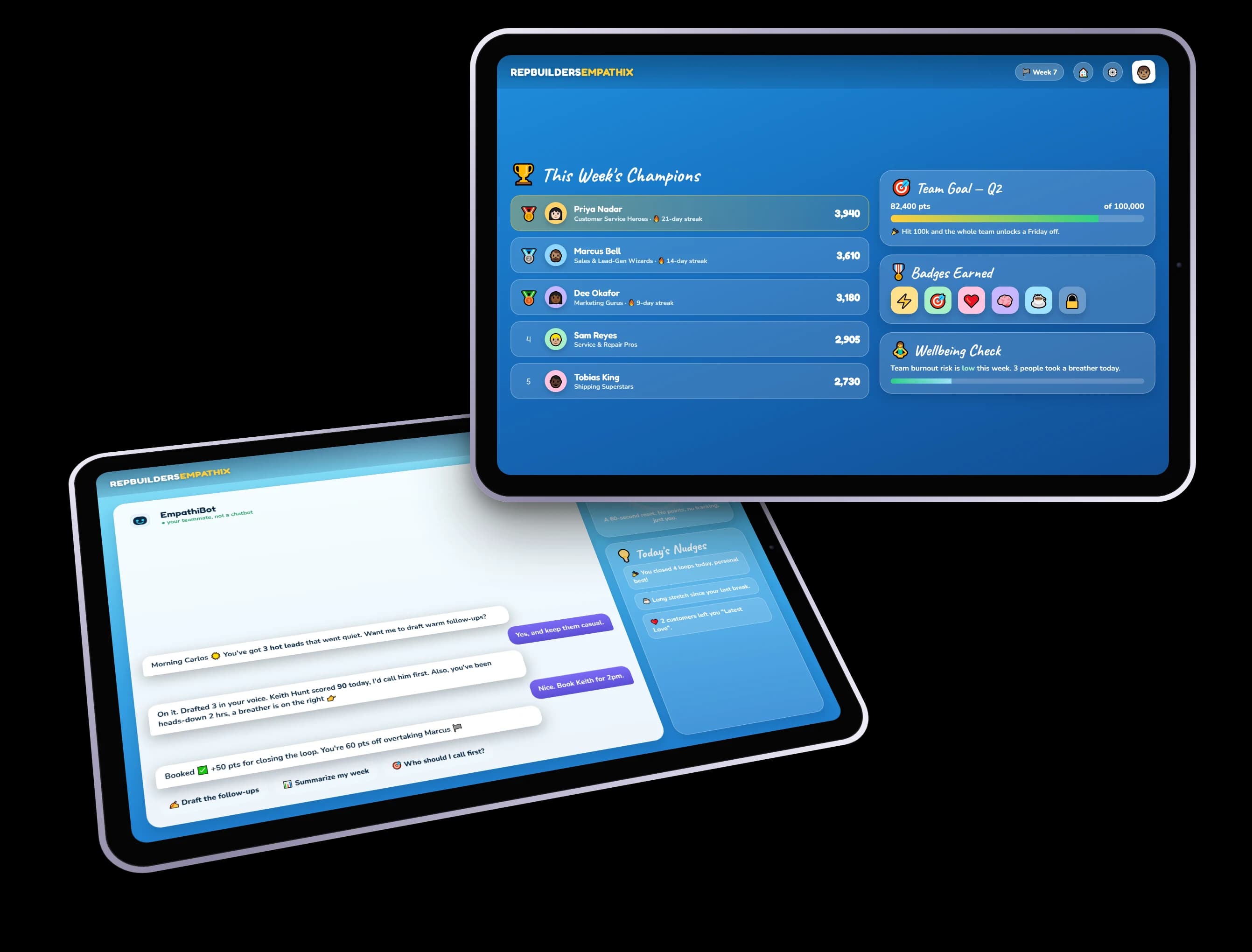 Empathix team leaderboard and EmpathiBot co-pilot screens on two tablets