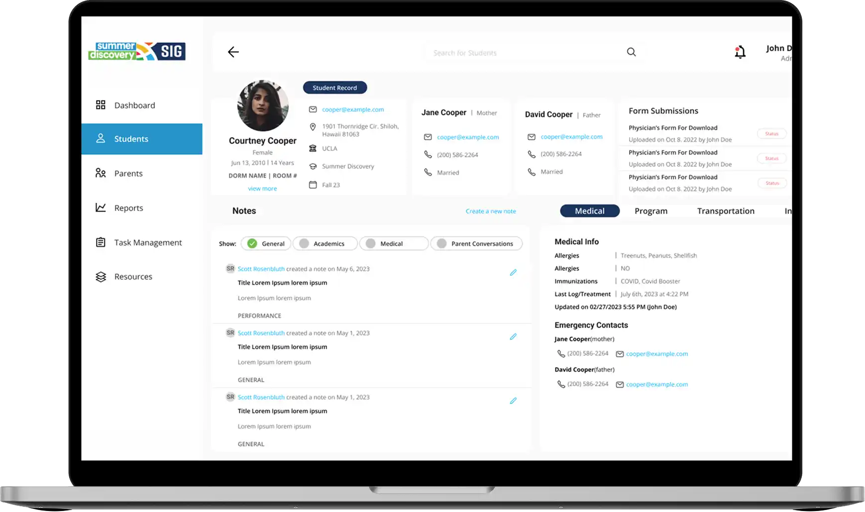 CRM Dashboard showing student information
